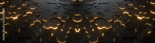 Abstract hexagonal geometric ultra wide background. Structure of lots of hexagons of carbon fiber with bright energy light breaking through the cracks. 3d rendering © S.Gvozd
