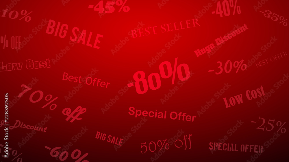 Background on discounts and special offers, made of inscriptions, in red colors Background on discounts and special offers, made of inscriptions, in red colors