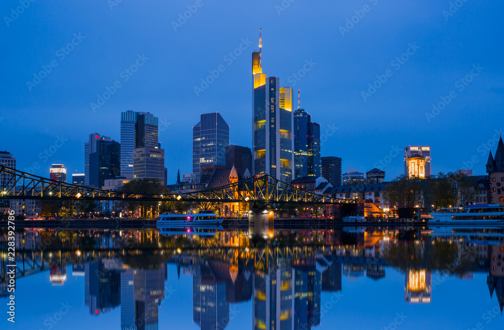 Skyline of Frankfurt with reflection, Germany, the financial center of the country.
