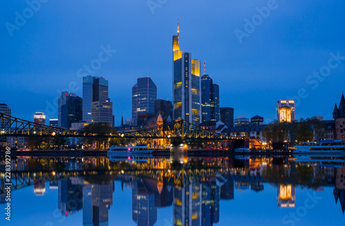 Skyline of Frankfurt with reflection, Germany, the financial center of the country.