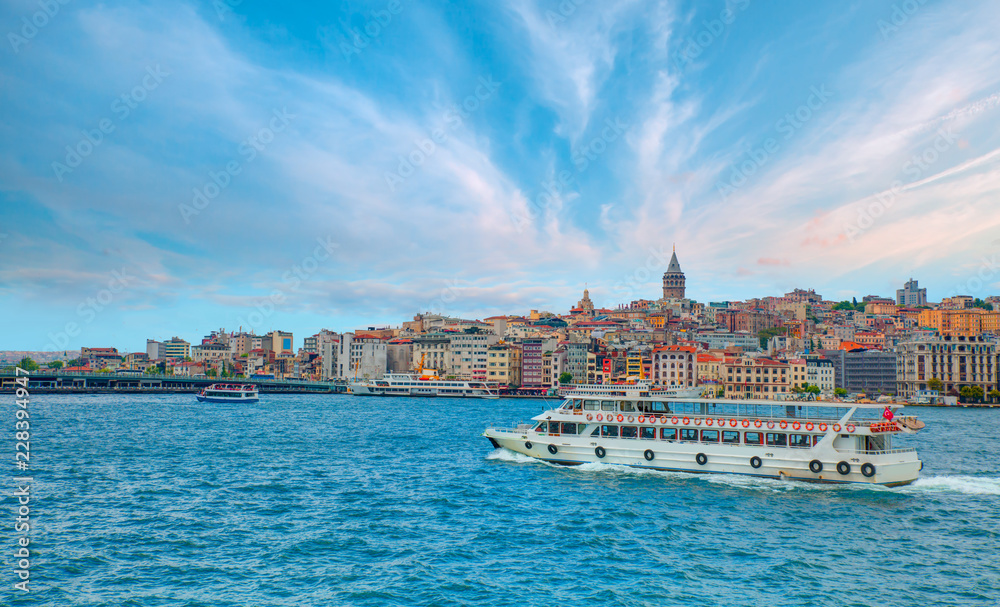 Galata Tower, Galata Bridge, Karakoy district and Golden Horn at morning, istanbul - Turkey