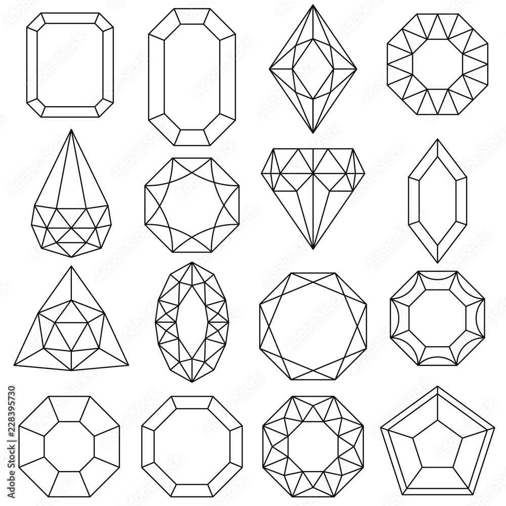 Jewels set, gems and diamonds outline design. Vector