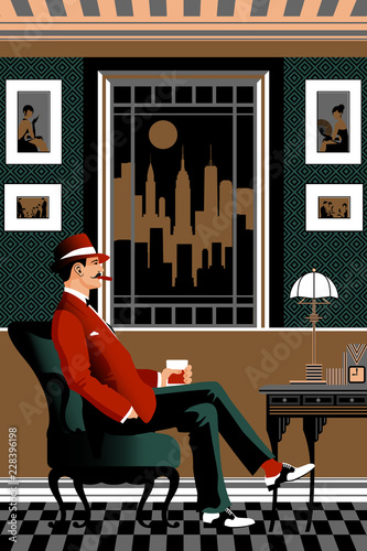 Gentleman in a chair with a glass of whiskey in the living room. Retro party invitation card. Handmade drawing vector illustration. Art deco style.