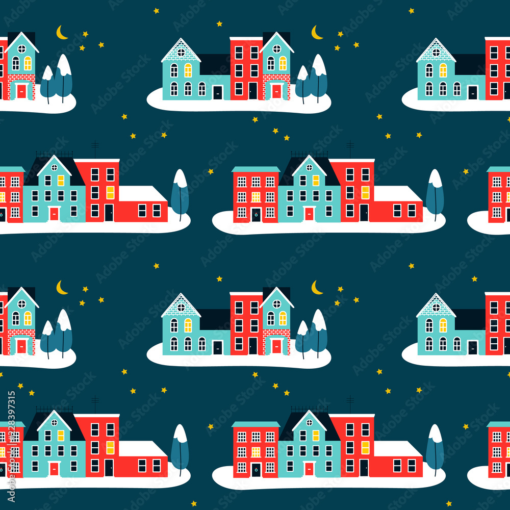 Christma houses on winter seamless pattern