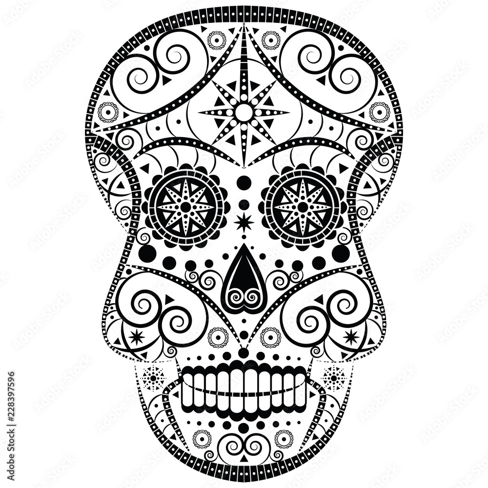Black and white vector design of Mexican sugar scull Halloween and Day of the Dead symbol with floral, swirly and geometric elements