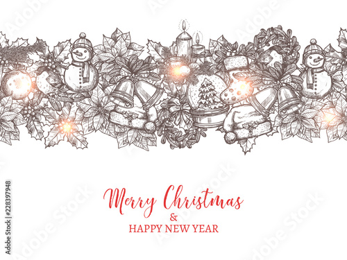 Christmas and happy New Year vector seamless pattern in the form of border made with festive and holiday hand drawn icons. Greeting card with sketch illustration