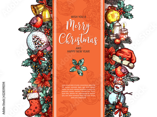 Merry Christmas and Happy New Year sketch greeting card, poster or background. Vector hand drawn colorful festive and holiday garland with xmas elemets