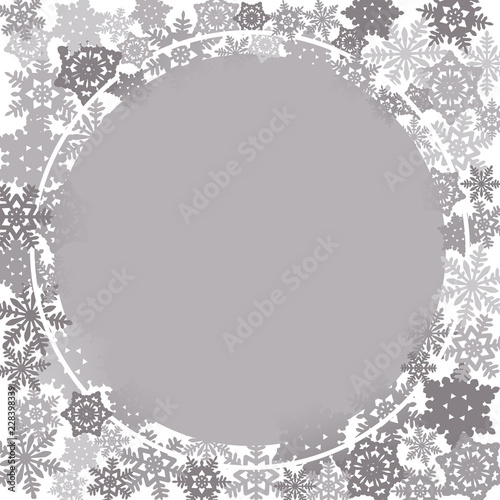 The round Christmas frame with gray snowflakes. Vector.