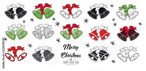 
Merry Christmas greeting card red and green with modern bells. Vector illustration. 