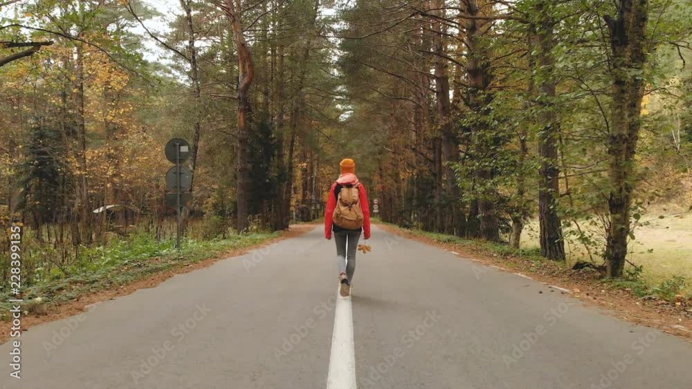 A young slim girl in a yellow hat and a vintage backpack walks along an asphalt road in the autumn yellow coniferous forest. Back view A young slim girl in a yellow hat and a vintage backpack walks along an asphalt road in the autumn yellow coniferous forest. Back view