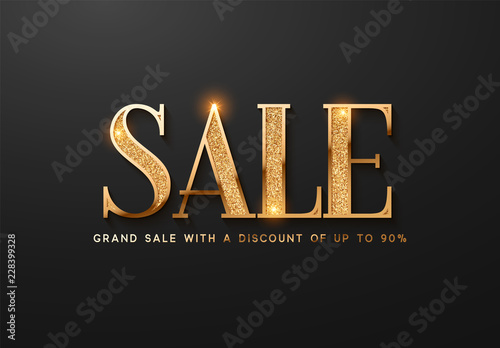 Sale, golden text with bright sparkles. Sale vector, lettering of gold on black background