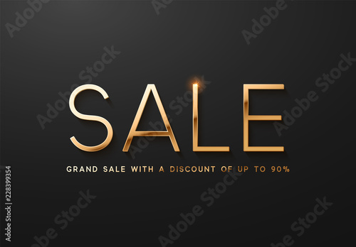 Sale, golden text. Sale vector lettering of gold on black background