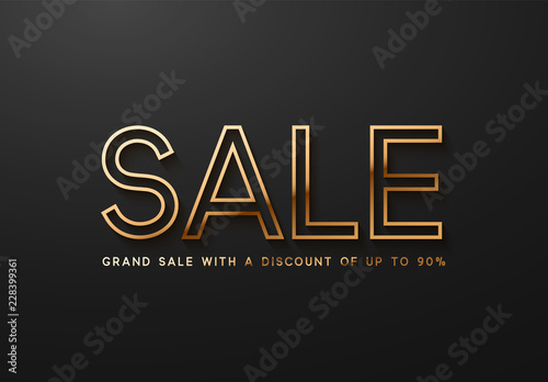 Sale, golden text. Sale vector lettering of gold on black background