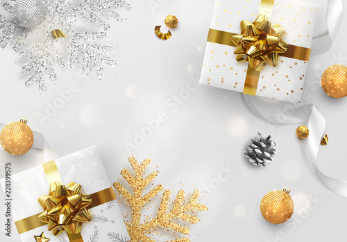 Christmas vector background. Creative design greeting card, banner, poster. Top view gift box, xmas decoration balls and snowflakes.