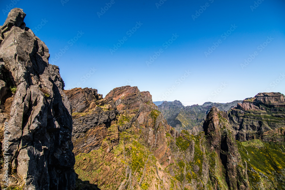 Hiking trail passage from mountain Pico Arieiro to Pico Ruivo, Madeira. Madeira best island destination.