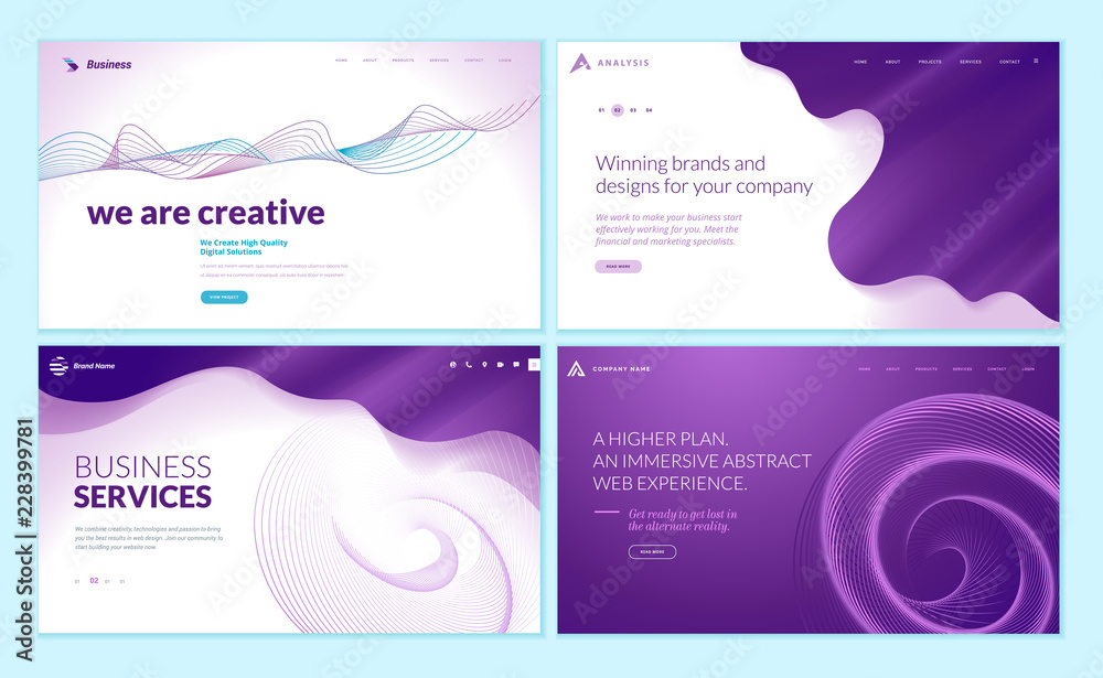 Set of web page design templates with abstract background for business services, creative design solutions, design agency. Vector illustration concepts for website and mobile website development.  - obrazy, fototapety, plakaty 