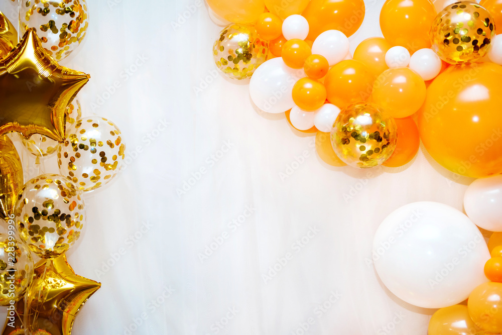 Golden stars and yellow balloons on the white background. Happy birthday  concept Stock Photo | Adobe Stock
