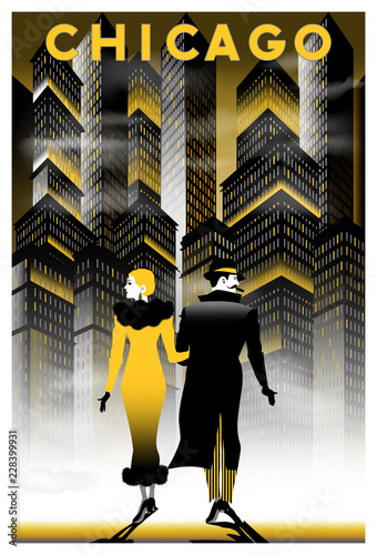 Once upon a time in night in Chicago. Handmade drawing vector illustration. Retro poster. Art Deco style.
