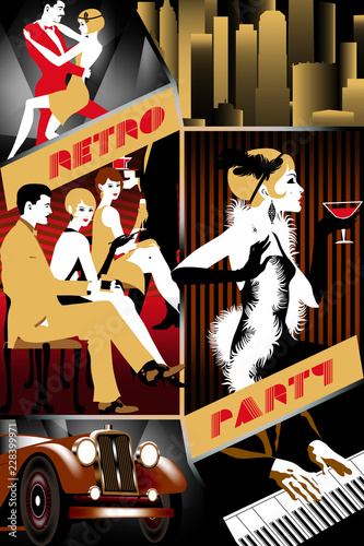 Naklejka Retro party invitation card. Vector set of 6 various parts: flapper girl, New York cityscape, pianoman, dancing couple, retro car & party. Handmade drawing vector illustration. Art Deco style.