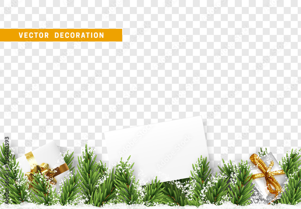 Christmas decorations. Xmas festive border with pine tree branches with ...