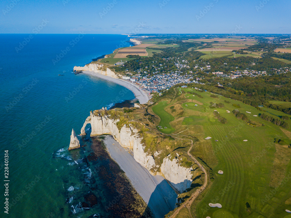 Aerial drone photo of the pointed formation called L'Aiguille or the Needle and Porte d'Aval at Etretat, north western France