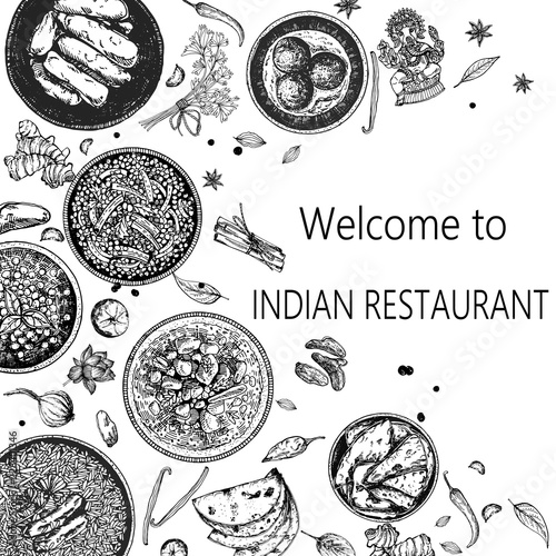Hand drawn sketch style Indian food. Vector illustration.