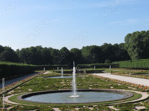 Garden with water fountains Baroque style, summer, in Bruhl, Germany