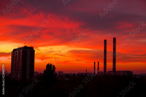 The view from the window on the residential area of Moscow in the evening. Colorful beautiful sunset.