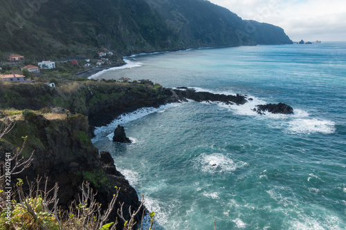 Beautiful black rock beach in Seixal  Madeira with waves crashing