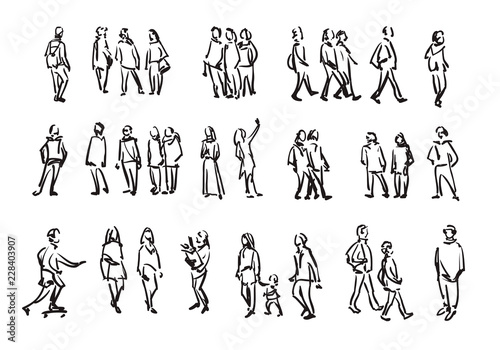 People sketch. Casual group of people silhouettes. Outline hand drawing illustration.