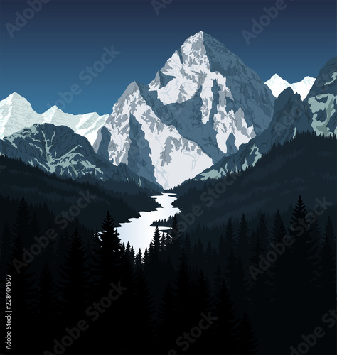 vector K2 mountain with river in woodland
