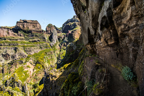 Hike between Pico do Areeiro and Pico Ruivo, Madeira, Portugal. Beautiful mountains landscape.