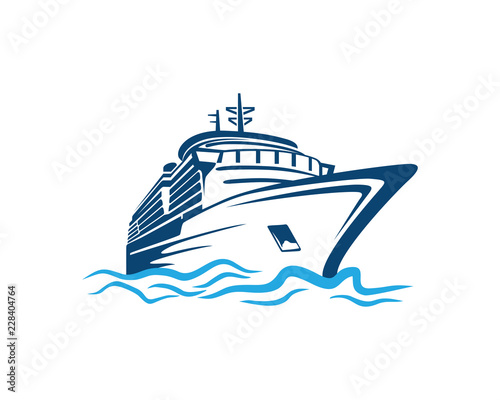 Obraz na płótnie Vector Blue Traveling with Cruise Ship and Wave in the Ocean Sea Sign Symbol Ico