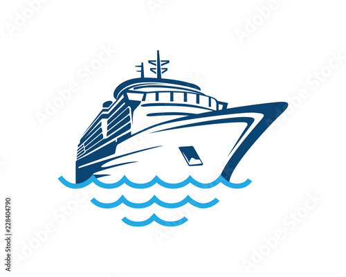 Vector Blue Traveling with Cruise Ship and Wave in the Ocean Sea Sign Symbol Icon Logo Template Design Inspiration