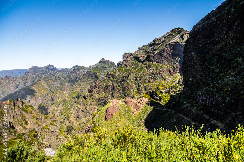 Hike between Pico do Areeiro and Pico Ruivo, Madeira, Portugal. Beautiful mountains landscape.