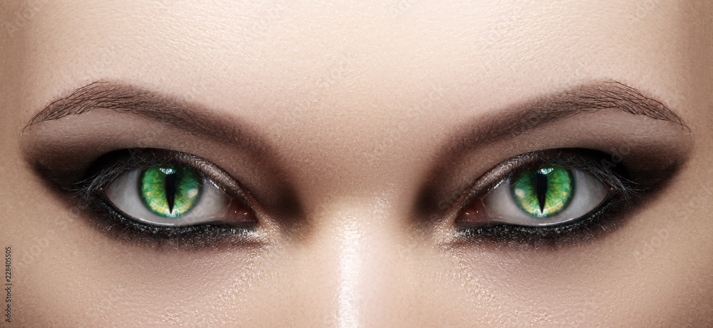 Close-up of Woman Eyes. Halloween Makeup. Cat Eye Lens. Fashion Catwalk  Black Make-Up. Luminous Green Cats Eyes Stock Photo | Adobe Stock