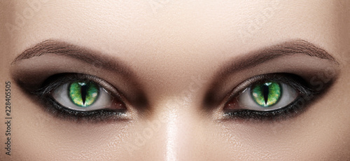 Close-up of Woman Eyes. Halloween Makeup. Cat Eye Lens. Fashion Catwalk Black Make-Up. Luminous Green Cats Eyes
