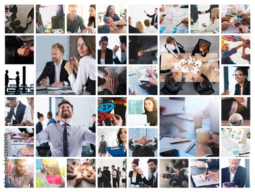 Business collage with scene of business person at work