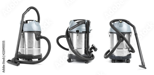 Set with modern professional carpet cleaner on white background
