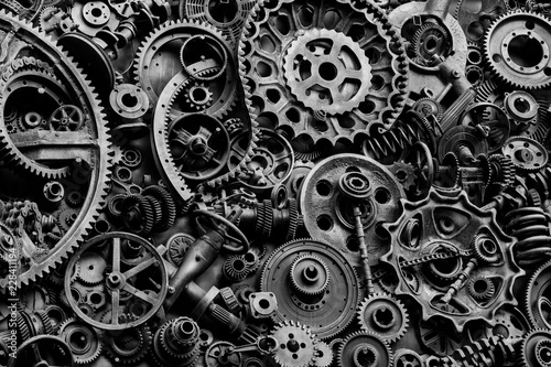 Steampunk texture, backgroung with mechanical parts, gear wheels photo