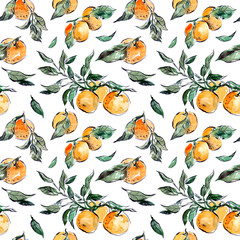 Papier peint photo Fruits aquarelle patrons Mandarines feuilles aquarelle peintes main  © NATALIA LYSKINA