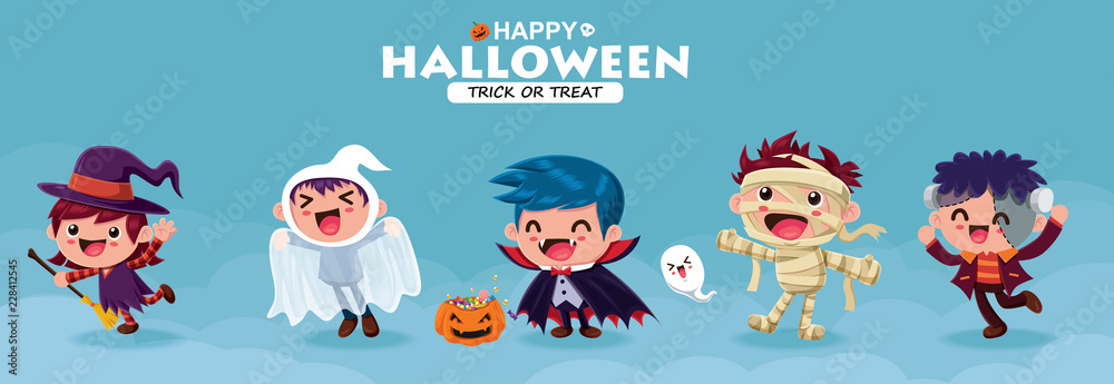Vintage Halloween poster design with vector witch, demon, ghost, vampire, witch, mummy, monster character.  