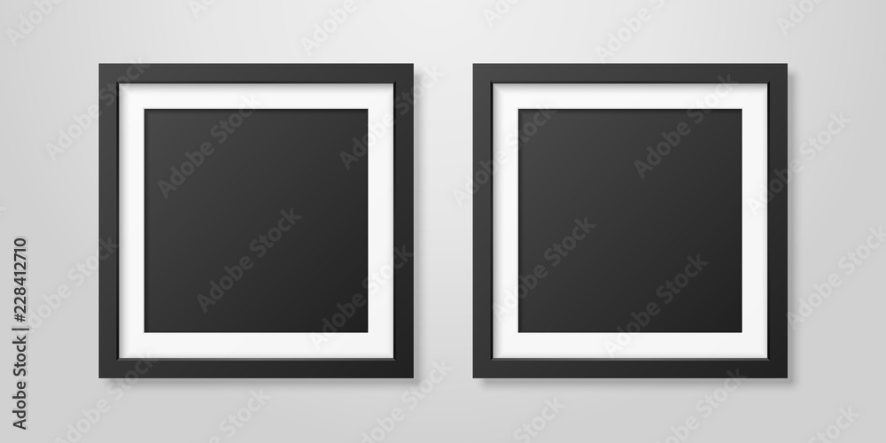 Two Vector Realistic Mofern Interior Black Blank Square Wooden Poster Picture Frame Set Closeup on White Wall Mock-up. Empty Poster Frames Design Template for Mockup, Presentation, Image or text Two Vector Realistic Mofern Interior Black Blank Square Wooden Poster Picture Frame Set Closeup on White Wall Mock-up. Empty Poster Frames Design Template for Mockup, Presentation, Image or text