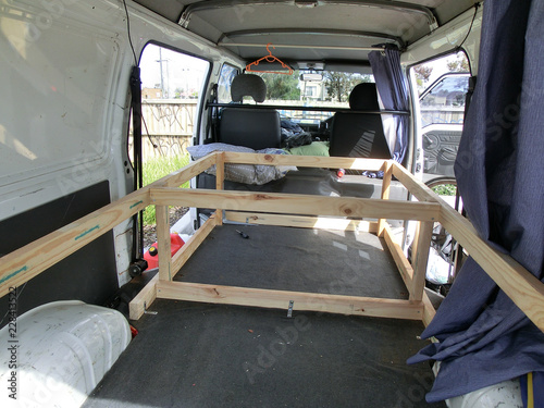 construction of a bed-frame in a campervan photo