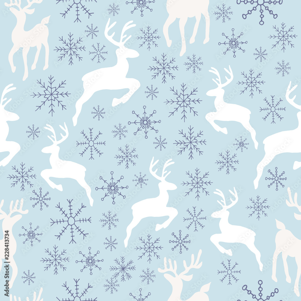Fototapeta premium Vector Sky Blue Reindeer Snowflakes Background Pattern Design. Perfect for fabric, wallpaper, stationery and scrapbooking projects