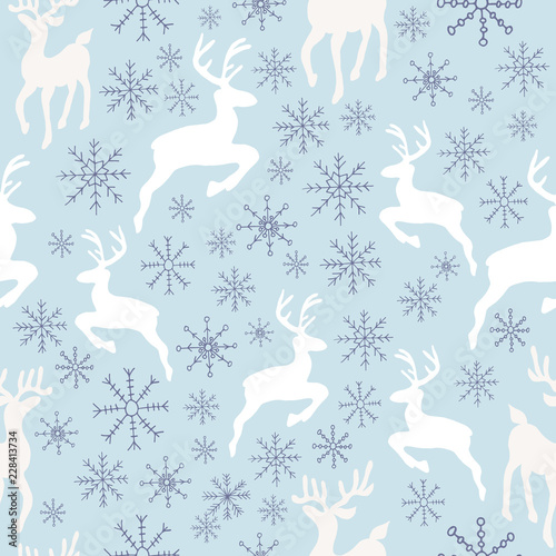 Vector Sky Blue Reindeer Snowflakes Background Pattern Design. Perfect for fabric, wallpaper, stationery and scrapbooking projects © Vicki