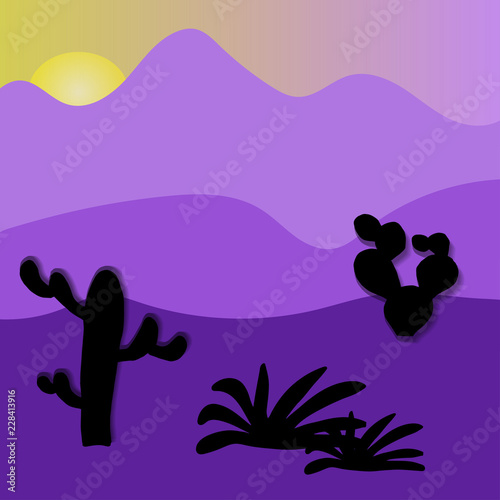 Magic desert sunset. Cactuse and mountains in desert landscape. © Elena