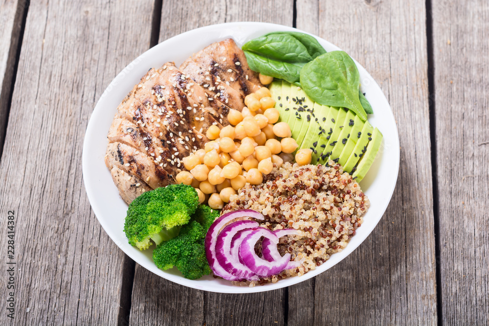Buddha bowl with broccoli , quinoa , grilled chicken , avocado and spinach Buddha bowl with broccoli , quinoa , grilled chicken , avocado and spinach