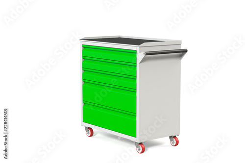 Metal tool cabinet on wheels with drawers. A convenient place for storing tools and spare parts. Metal furniture. 3D-model rendering of the table for shooting from above.