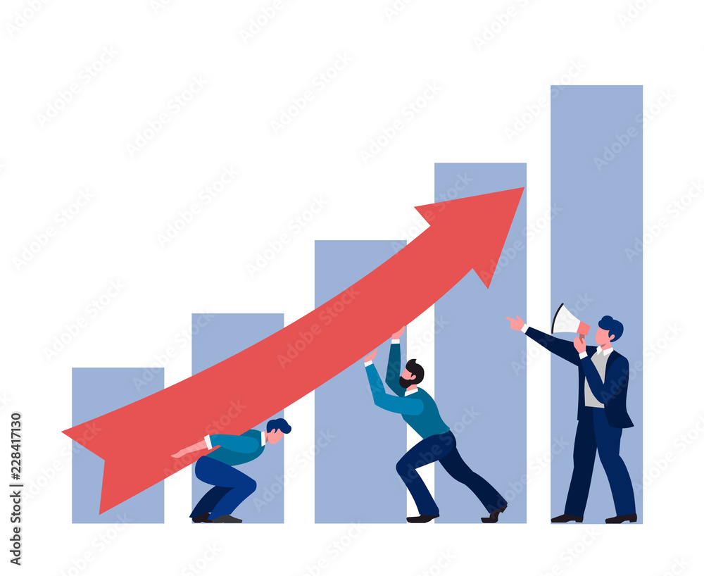 Boost business vector illustration. The team of young businessmen lifts an arrow Boost business vector illustration. The team of young businessmen lifts an arrow